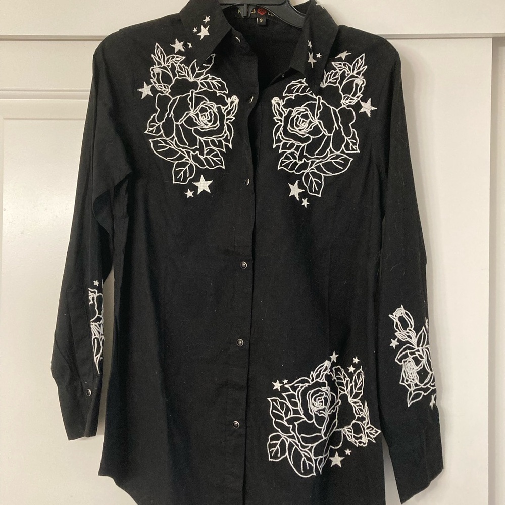 Black Button Down Shirt with White Floral Design